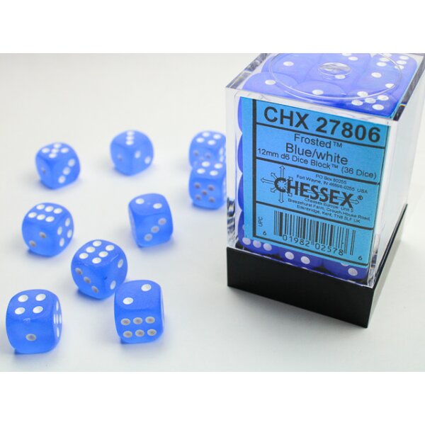 12mm d6 with pips (36 Dice Block) - Frosted Blue w/white