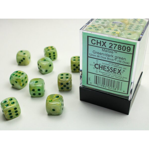 12mm d6 with pips (36 Dice Block) - Marble Green w/dark green