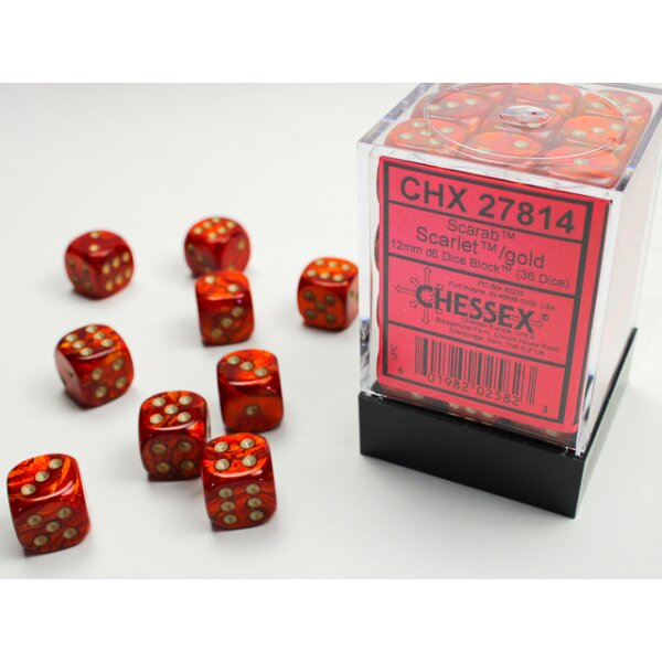 12mm d6 with pips (36 Dice Block) - Scarab Scarlet w/gold