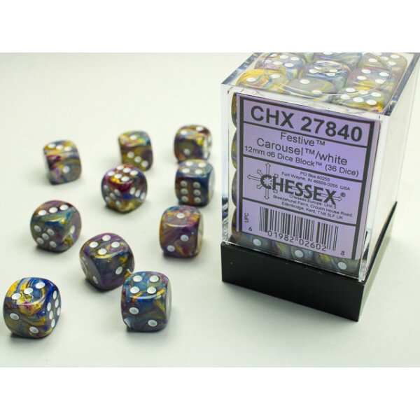 12mm d6 with pips (36 Dice Block) - Festive Carousel w/white