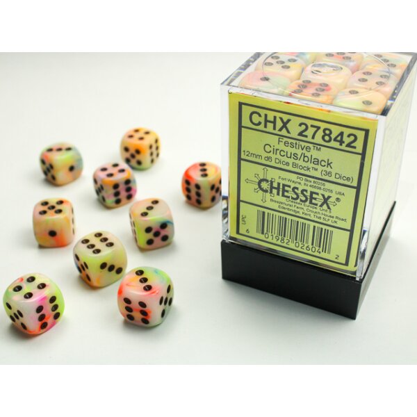 12mm d6 with pips (36 Dice Block) - Festive Circus w/black