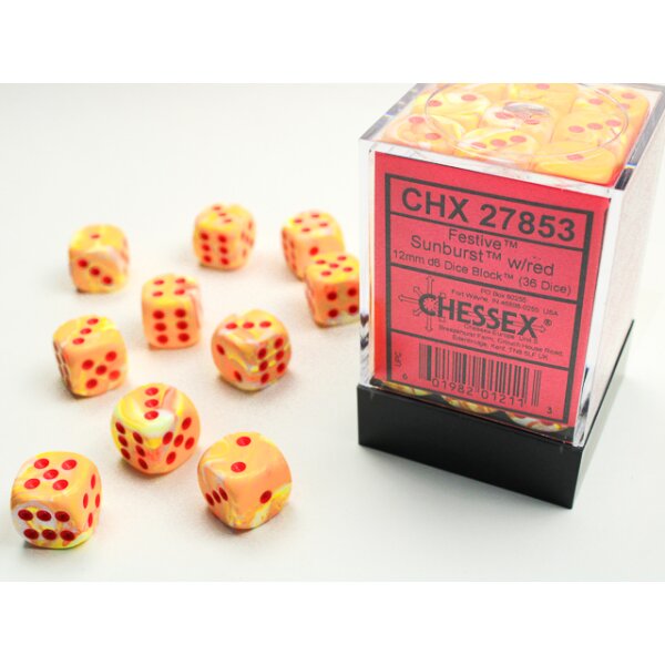 12mm d6 with pips (36 Dice Block) - Festive 12mm d6 w/pips Sunburst w/red