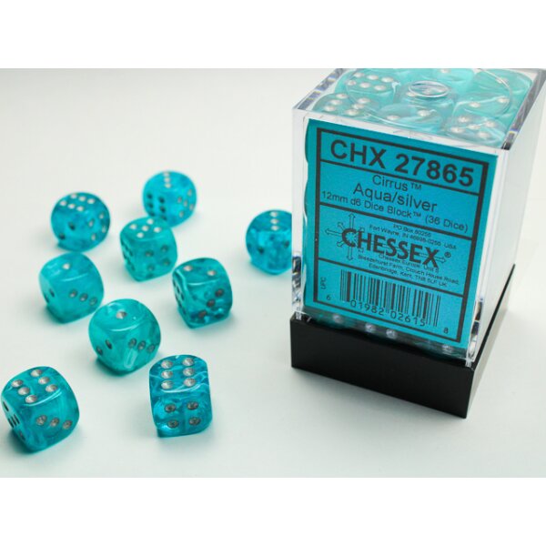 12mm d6 with pips (36 Dice Block) - Cirrus Aqua w/silver