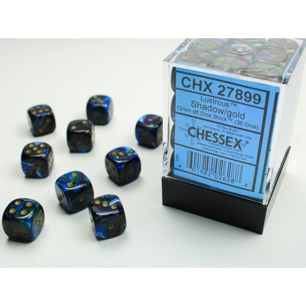 12mm d6 with pips (36 Dice Block) - Lustrous Shadow w/gold