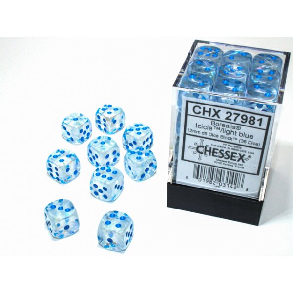 12mm d6 with pips (36 Dice Block) - Borealis 12mm d6 Icicle/light blue Luminary