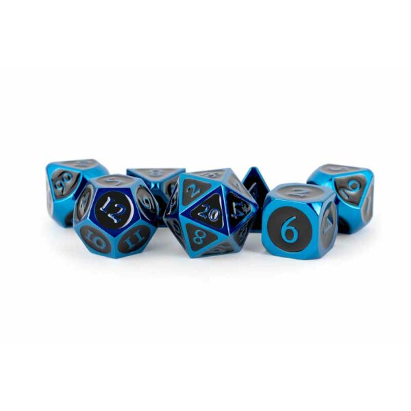 16mm Metal Polyhedral Dice Set: Blue w/ Black Enamel