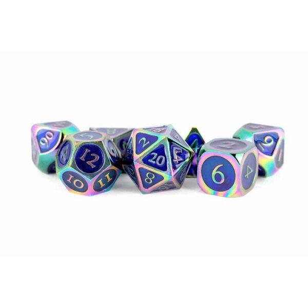 16mm Metal Polyhedral Dice Set: Rainbow w/ Blue Enamel