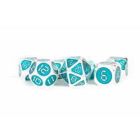 16mm Metal Polyhedral Dice Set: Silver w/ Teal Enamel