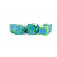 16mm Metal Polyhedral Dice Set: Green w/ Blue Enamel