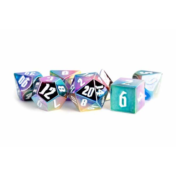 16mm Aluminum Plated Acrylic Poly Dice Set: Rainbow Aegis w/ White Numbers