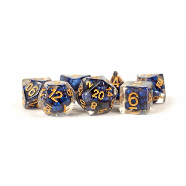 16mm Resin Polyhedral Dice Set: Pearl Royal Blue w/ Gold Numbers