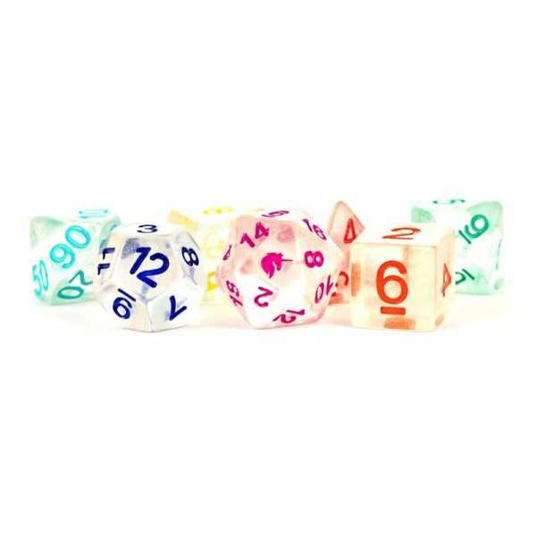 16mm Resin Polyhedral Dice Set: Unicorn Rainbow Ice