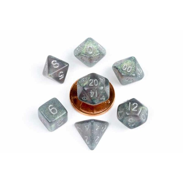 10mm Mini Polyhedral Dice set: Stardust Gray w/ Silver Numbers