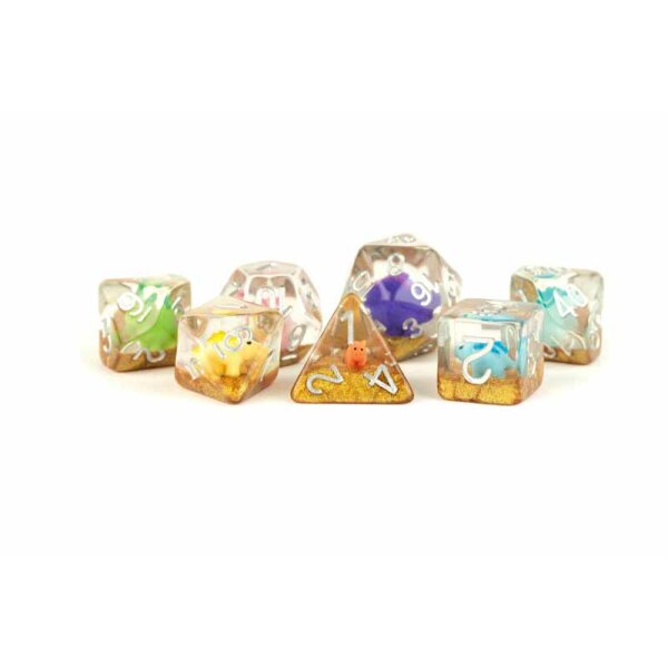 16mm Resin Poly Dice Set: Rainbow Dinosaur Dice