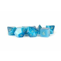 16mm Stone Poly Dice Set: Engraved Cats Eye Aquamarine