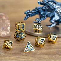 Gold with Royal Blue Solid Metal Dragon Polyhedral Dice Set