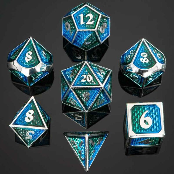 Behemoth Silver w/Green&Blue Solid Metal Dice Set