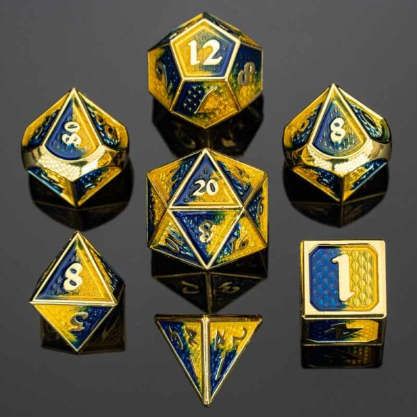 Behemoth Gold w/Yellow&Blue Solid Metal RPG Dice Set