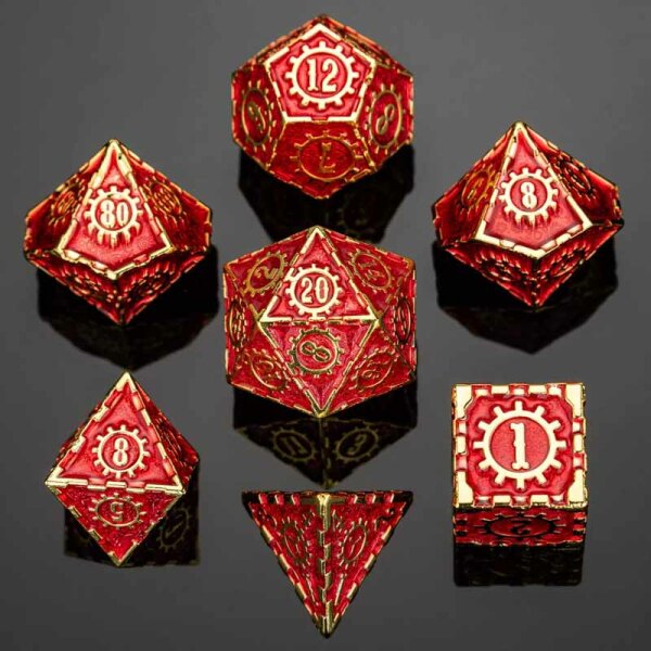 Gold with Red Solid Metal Gears of Providence Polyhedral Dice Set