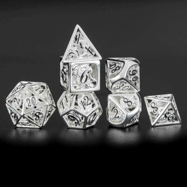 Shiny Silver Dragon with black font hollow dice set