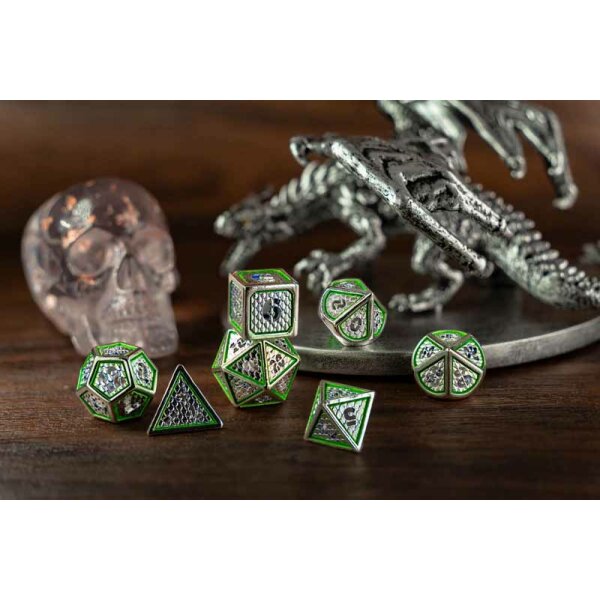 Hollow Wyvern RPG Dice Set Silver with Green/Blue