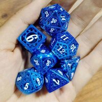 Blue with White Enamel Hollow Metal Gears of Providence Polyhedral Dice Set