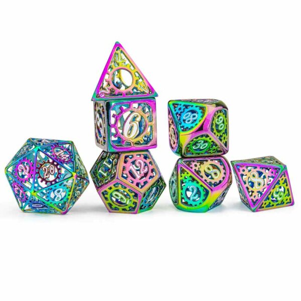 Prism Rainbow with White Enamel Hollow Metal Gears of Providence Polyhedral Dice Set