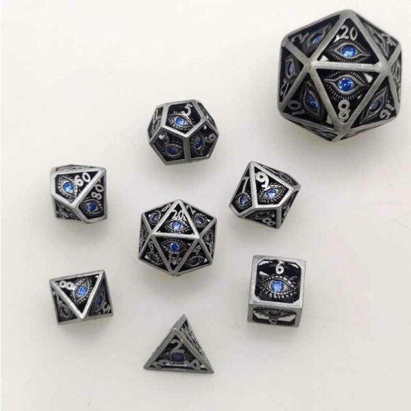 Hollow 10mm mini Dragons Eye dice set-Ancient Silver with Blue Gems