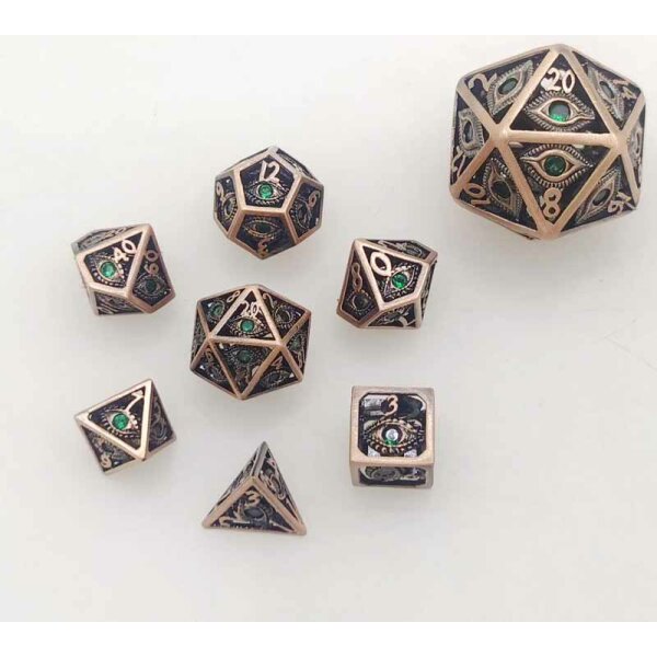 Hollow 10mm mini Dragons Eye dice set-Ancient Copper with Green Gems