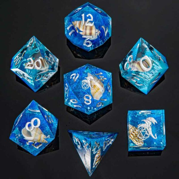 Captured Magic Handmade Sharp Edge Resin Dice-Ocean Blue with Sea Snail Inclusion