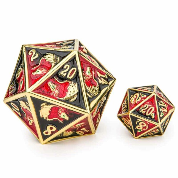 45MM Solid Metal Dragon Chonk D20-Gold w/Red& Black