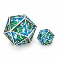 45MM Solid Metal Dragon Chonk D20-Silver w/Green& Blue