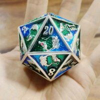 45MM Solid Metal Dragon Chonk D20-Silver w/Green& Blue