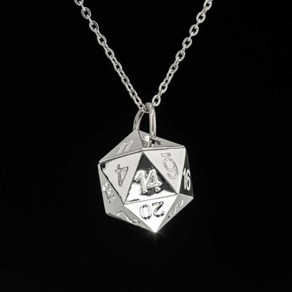 Silver D20 dice necklace pendant with chain for D&D gamer