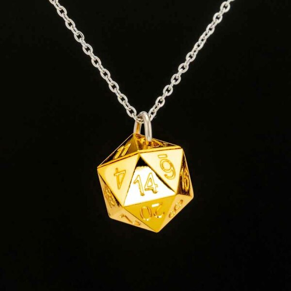 Gold D20 dice necklace pendant with chain for D&D gamer