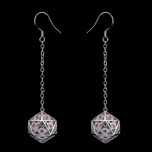 Dragons eye D20 earrings-Silver w/Pink gems