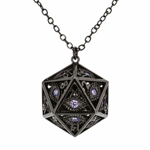 Dragons eye D20 necklace-Gunmetal w/Purple gems