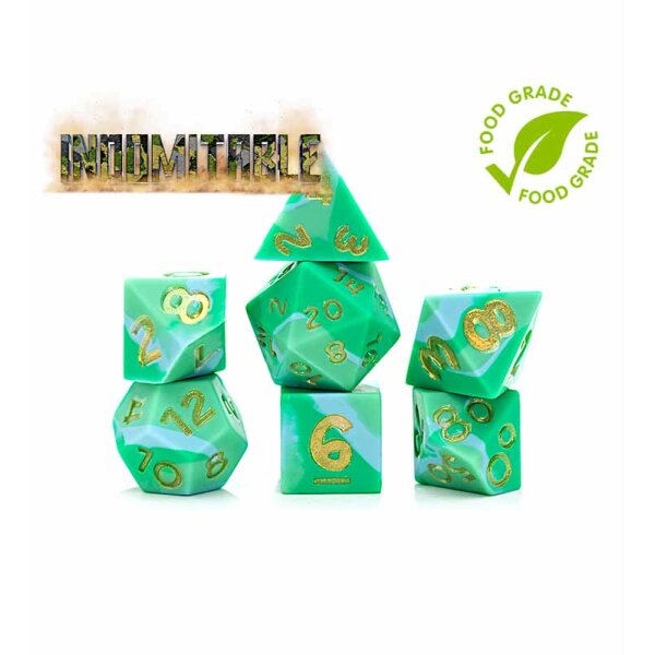 Anti-Stress Dice: Indominable | Military, Locust, and Terrain Green Swirled | 7 Silicone Dice for Role Playing Games