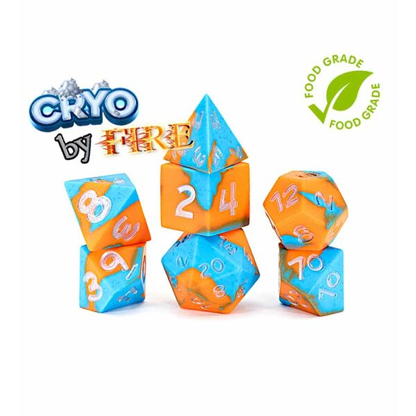 Anti-Stress Dice: Cryo by Fire |Blue and Orange Silicone with Sparkling Glitter | 7 Silicone Dice for Role Playing Games