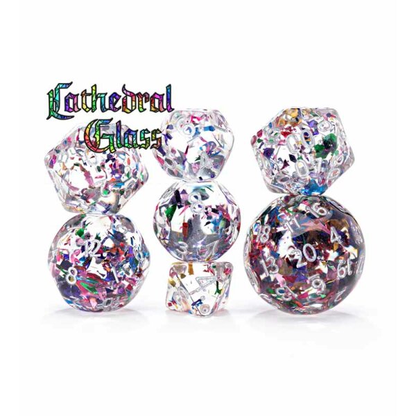 Double Dice: Cathedral Glass | Shards of Stained Glass in Clear-as-Glass Resin | 7 Resin Dice for Role Playing Games