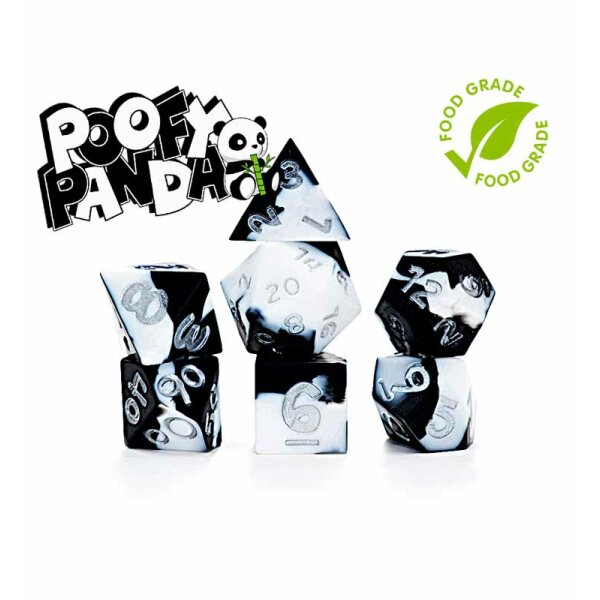 Anti-Stress Dice: Poofy Panda | Splotchy Black and Panda White Silicone Swirled | 7 Silicone Dice for Role Playing Games