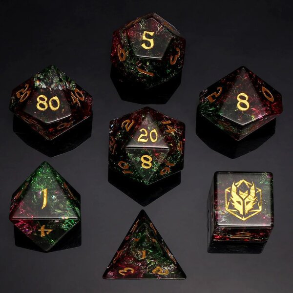 Dragons Hoard Gemstone Polyhedral Dice Set-Red&Green Two Tone Glass